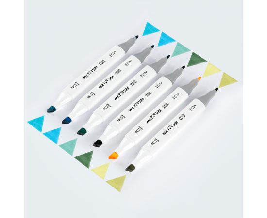 Набор двусторонних маркеров для скетчинга MESHU 06цв., морские цвета, корпус трехгранный, пулевид./клиновид.наконечники, ПВХ-бокс MS_38254