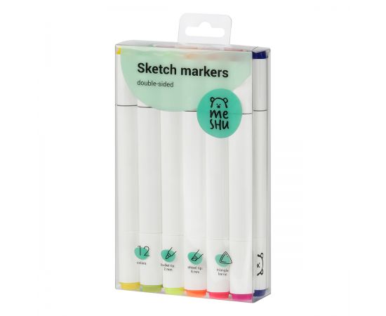 Набор двусторонних маркеров для скетчинга MESHU 12цв., основные и флуоресцентные цвета, корпус трехгранный, пулевид./клиновид.наконечники, ПВХ-бокс MS_38259