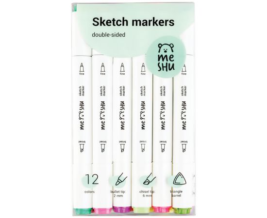 Набор двусторонних маркеров для скетчинга MESHU 12цв., цветочная гамма, корпус трехгранный, пулевид./клиновид.наконечники, ПВХ-бокс MS_38261