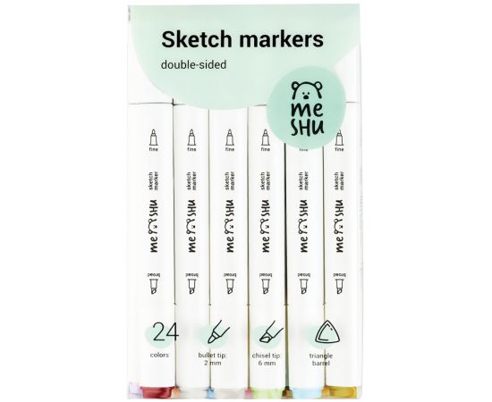 Набор двусторонних маркеров для скетчинга MESHU 24цв., пастельные цвета, корпус трехгранный, пулевид./клиновид.наконечники, ПВХ-бокс MS_38262