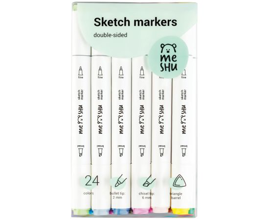 Набор двусторонних маркеров для скетчинга MESHU 24цв., основные цвета, корпус трехгранный, пулевид./клиновид.наконечники, ПВХ-бокс MS_38264
