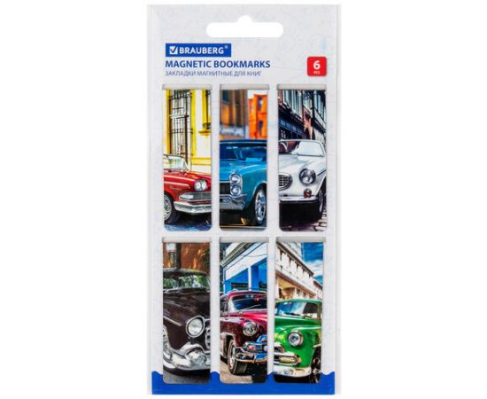 Закладки для книг МАГНИТНЫЕ, "RETRO CARS", набор 6 шт., 60x20 мм, BRAUBERG, 113158 113158