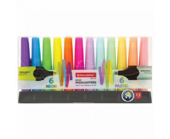 Набор текстовыделителей 12 ЦВЕТОВ на подставке, BRAUBERG "DELTA", линия 1-5 мм, 151737 151737