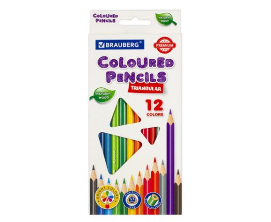 Карандаши цветные BRAUBERG PREMIUM, 12 цветов, трехгранные, грифель 3,3 мм, 181651 181651