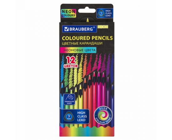 Карандаши цветные BRAUBERG NEON, 12 неоновых цветов, черное дерево, трёхгранные, 181852 181852