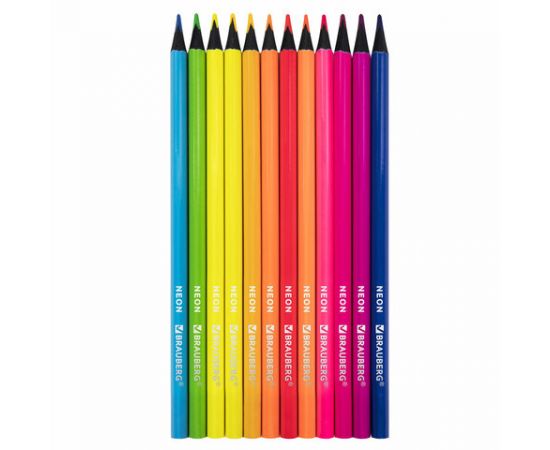 Карандаши цветные BRAUBERG NEON, 12 неоновых цветов, черное дерево, трёхгранные, 181852 181852