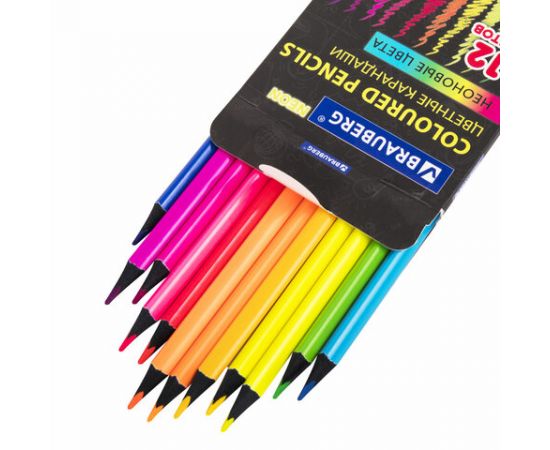 Карандаши цветные BRAUBERG NEON, 12 неоновых цветов, черное дерево, трёхгранные, 181852 181852