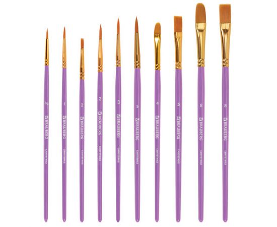 Кисти синтетика BRAUBERG, НАБОР 10шт, фиолетовые (Круглые; Овальные; Плоские; Лайнеры) 201029 201029