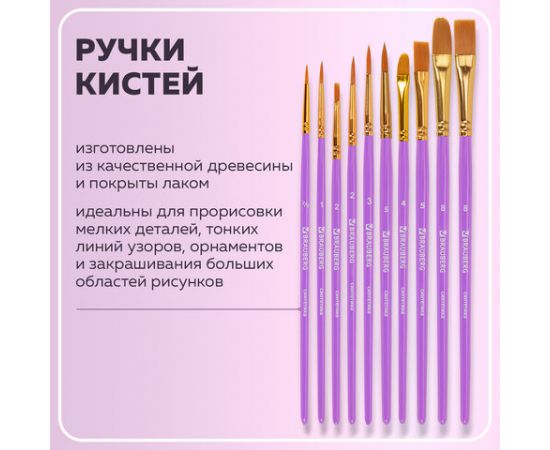 Кисти синтетика BRAUBERG, НАБОР 10шт, фиолетовые (Круглые; Овальные; Плоские; Лайнеры) 201029 201029