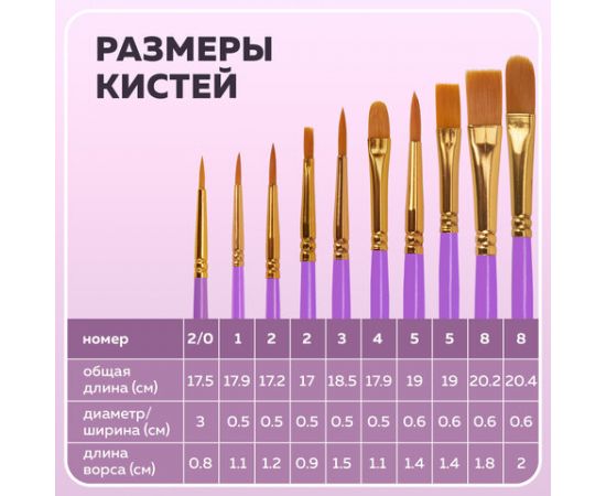 Кисти синтетика BRAUBERG, НАБОР 10шт, фиолетовые (Круглые; Овальные; Плоские; Лайнеры) 201029 201029