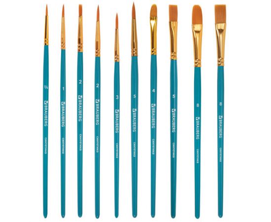 Кисти синтетика BRAUBERG, НАБОР 10шт, синие (Круглые; Овальные; Плоские; Лайнеры), 201030 201030