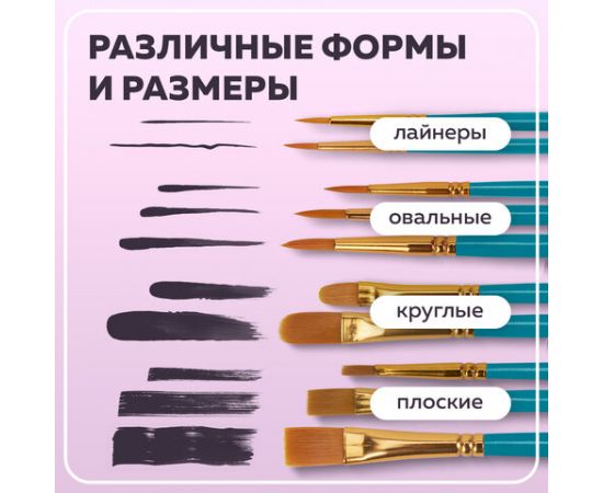 Кисти синтетика BRAUBERG, НАБОР 10шт, синие (Круглые; Овальные; Плоские; Лайнеры), 201030 201030