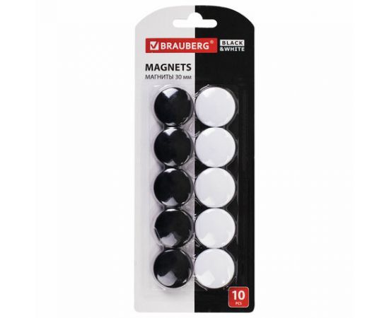 Магниты BRAUBERG BLACK&WHITE УСИЛЕННЫЕ 30 мм, НАБОР 10 шт, черные/белые, 237468 237468