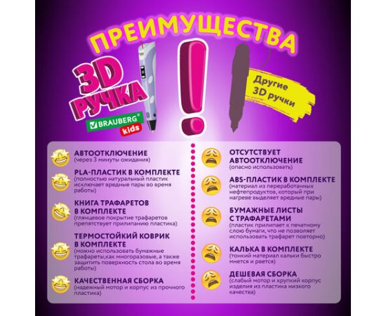 Ручка 3D с трафаретами, PLA - пластиком и термоковриком BRAUBERG KIDS,  665188 665188
