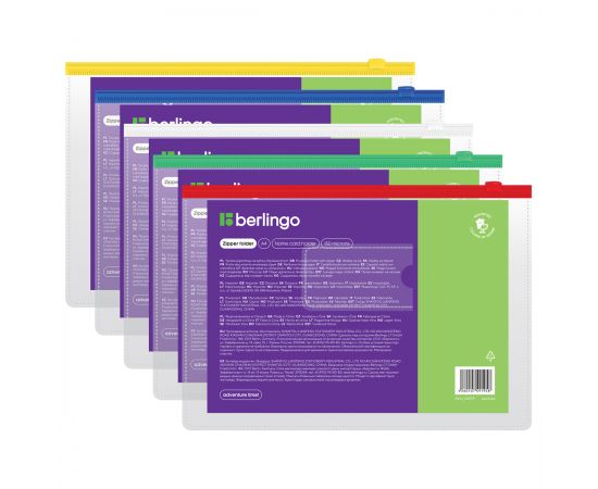 Папка-конверт на молнии Berlingo А4, 150мкм, с карманом для визиток, прозрачная, ассорти AKm_04109