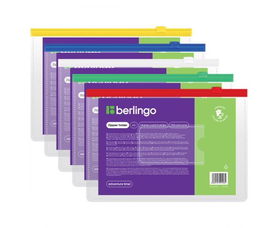 Папка-конверт на молнии Berlingo А5, 150мкм, с карманом для визиток, прозрачная, ассорти AKm_05109