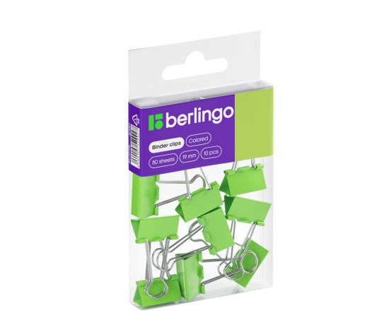 Зажимы для бумаг 19мм, Berlingo, 10шт., цветные, ПВХ упак., европодвес, зеленые BC1019b