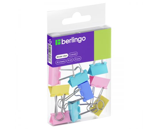 Зажимы для бумаг 19мм, Berlingo, 10шт., цветные, ПВХ упак., европодвес, ассорти пастель BC1019e