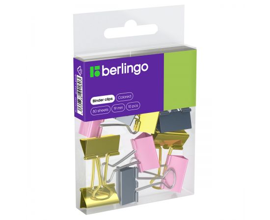 Зажимы для бумаг 19мм, Berlingo, 10шт., цветные, ПВХ упак., европодвес, розовый+золотой BC1019f