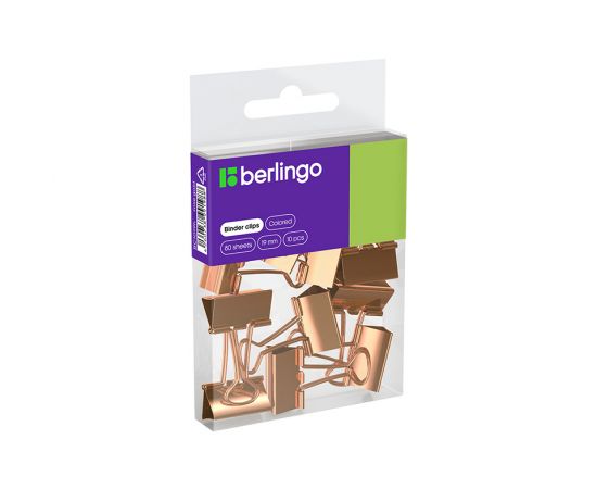 Зажимы для бумаг 19мм, Berlingo, 10шт., цветные, ПВХ упак., европодвес, розовое золото BC1019h