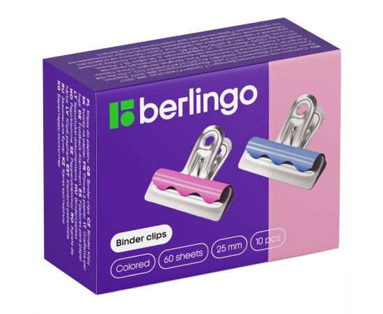 Зажимы-бульдоги для бумаг 25мм, Berlingo, 10шт. цветные, картонная коробка BC1225g