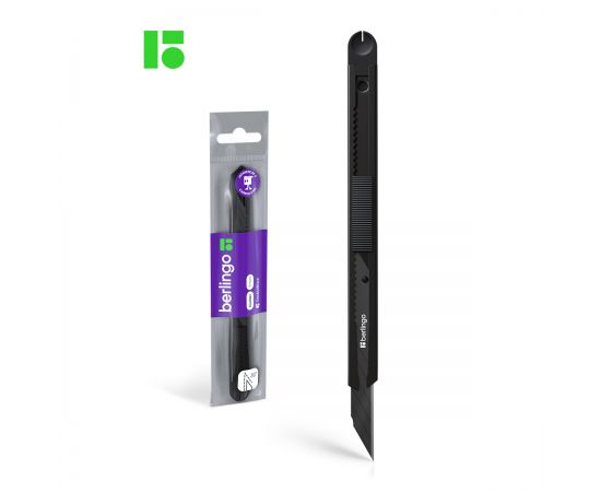 Нож канцелярский 9мм Berlingo "DoubleBlack", auto-lock, металлический корпус, европодвес BM4129