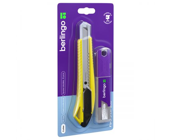 Нож канцелярский 18мм Berlingo "Razzor 200", желтый + лезвия сменные 10шт., блистер, европодвес BM4130_2b