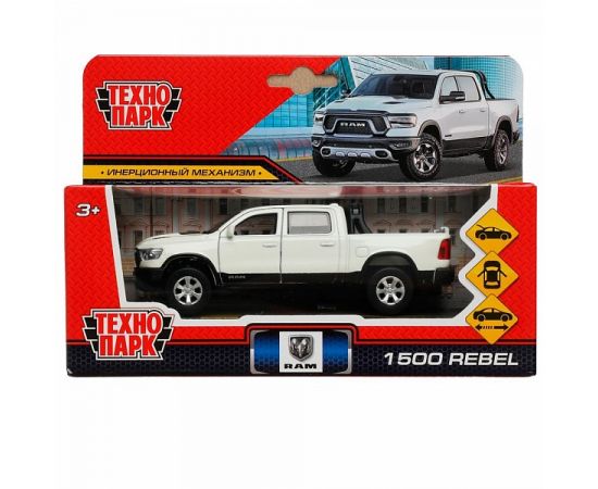 Машина металл DODGE RAM 1500 REBEL 13 см, двери, багаж, инер, белый 336807 3368075