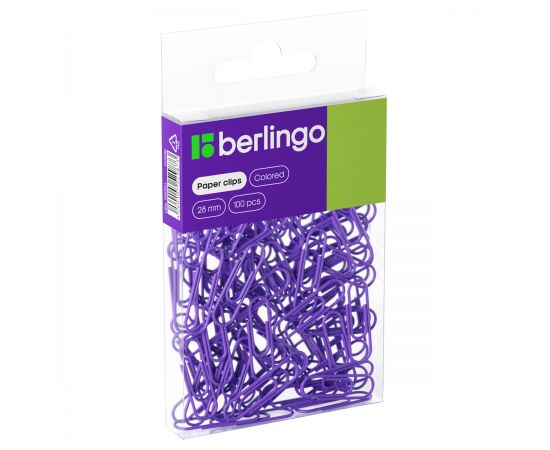 Скрепки 28мм, Berlingo, 100шт., цветные, ПВХ упак., европодвес, фиолетовые DBs_28100a