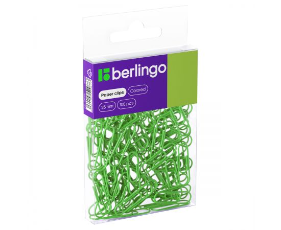 Скрепки 28мм, Berlingo, 100шт., цветные, ПВХ упак., европодвес, зеленые DBs_28100b