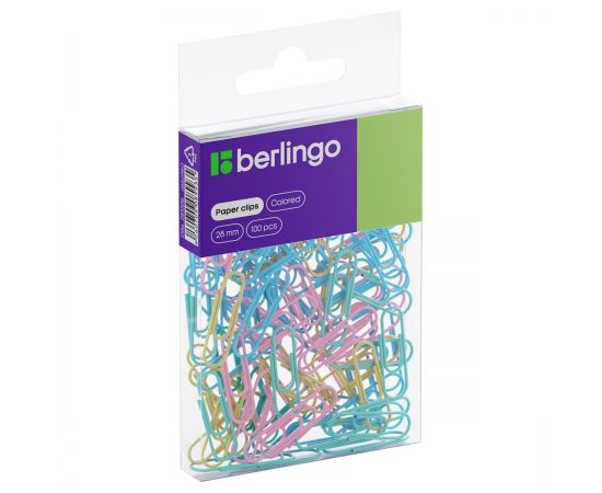 Скрепки 28мм, Berlingo, 100шт., цветные, ПВХ упак., европодвес, ассорти пастель DBs_28100e