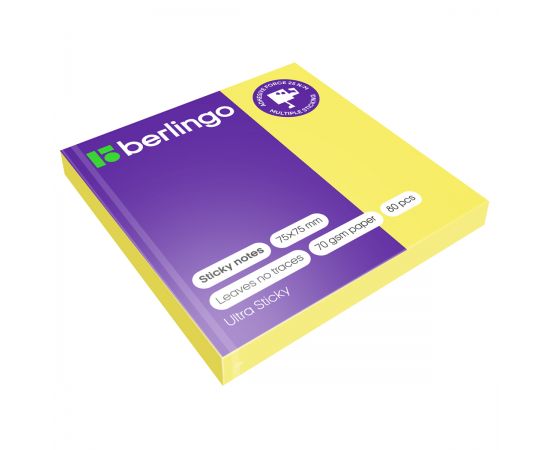 Самоклеящийся блок Berlingo "Ultra Sticky", 75*75мм, 80л., желтый неон LSn_39200
