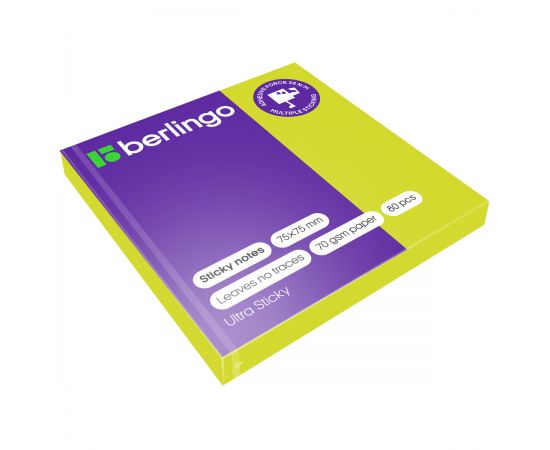 Самоклеящийся блок Berlingo "Ultra Sticky", 75*75мм, 80л., зеленый неон LSn_39201