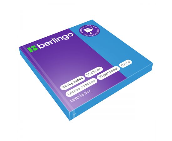 Самоклеящийся блок Berlingo "Ultra Sticky", 75*75мм, 80л., синий неон LSn_39202