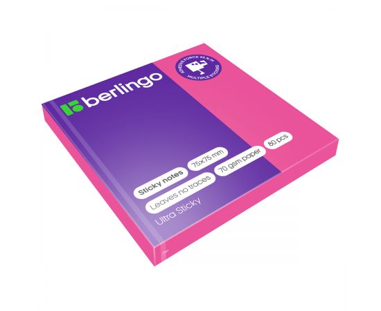 Самоклеящийся блок Berlingo "Ultra Sticky", 75*75мм, 80л., розовый неон LSn_39203