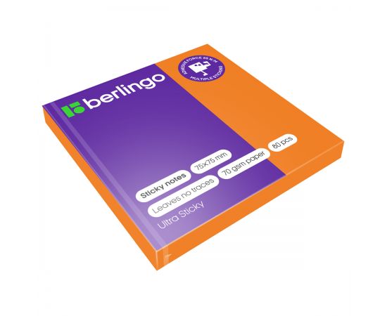 Самоклеящийся блок Berlingo "Ultra Sticky", 75*75мм, 80л., оранжевый неон LSn_39204
