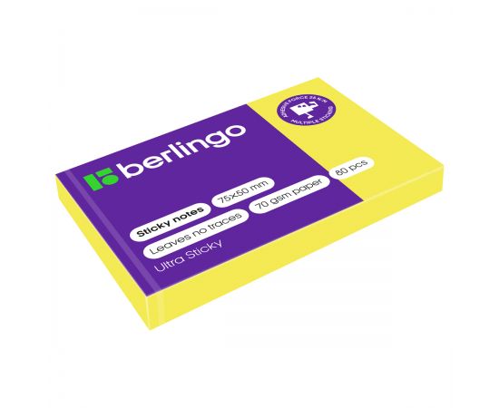 Самоклеящийся блок Berlingo "Ultra Sticky", 50*75мм, 80л., желтый неон LSn_39410