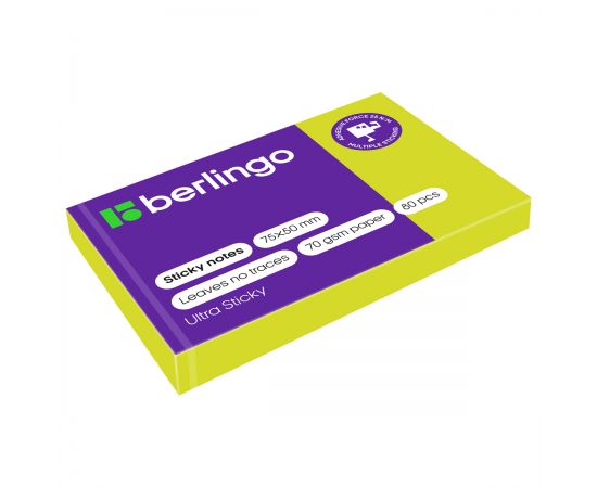 Самоклеящийся блок Berlingo "Ultra Sticky", 50*75мм, 80л., зеленый неон LSn_39411