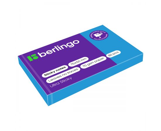 Самоклеящийся блок Berlingo "Ultra Sticky", 50*75мм, 80л., синий неон LSn_39412