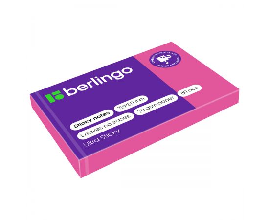 Самоклеящийся блок Berlingo "Ultra Sticky", 50*75мм, 80л., розовый неон LSn_39413