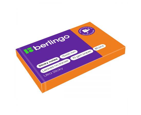Самоклеящийся блок Berlingo "Ultra Sticky", 50*75мм, 80л., оранжевый неон LSn_39414