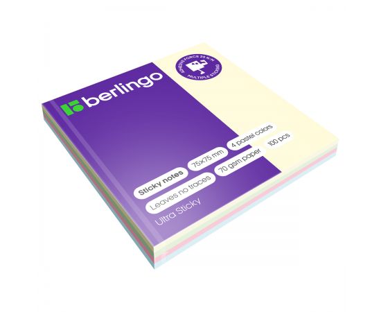 Самоклеящийся блок Berlingo "Ultra Sticky", 75*75мм, 100л., 4 пастельных цвета LSn_39601