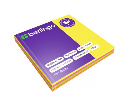 Самоклеящийся блок Berlingo "Ultra Sticky", 75*75мм, 100л., 4 неоновых цвета LSn_39602