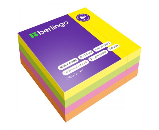 Самоклеящийся блок Berlingo "Ultra Sticky", 50*50мм, 240л., 4 неоновых цвета LSn_40102