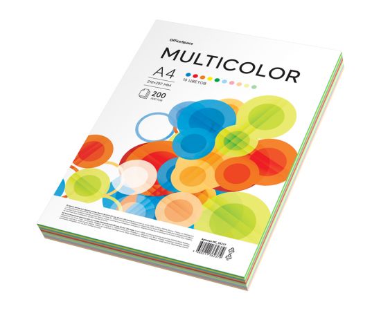 Бумага цветная OfficeSpace "Multicolor", А4, 80г/м2, 200л., (10 цветов) MC_38237