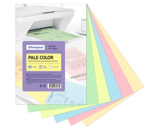 Бумага цветная OfficeSpace "Pale Color", А5, 80г/м2, 100л., (5 цветов) PC_38236