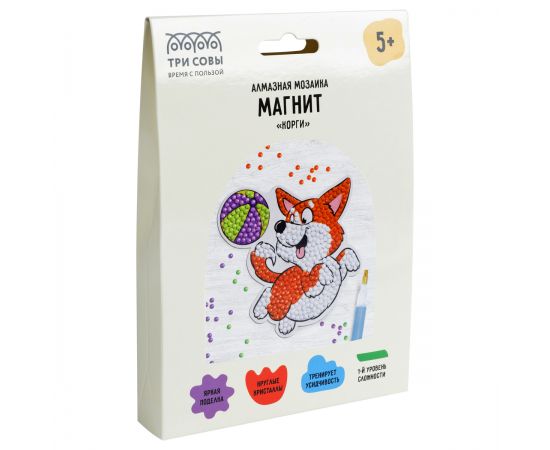 Алмазная мозаика, магнит ТРИ СОВЫ "Корги", картонный конверт АММ_48224