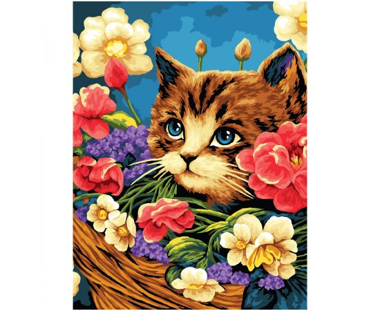 Картина по номерам на холсте ТРИ СОВЫ "Котенок в цветочной корзине", 40*50, с акриловыми красками и кистями КХ4050_53893