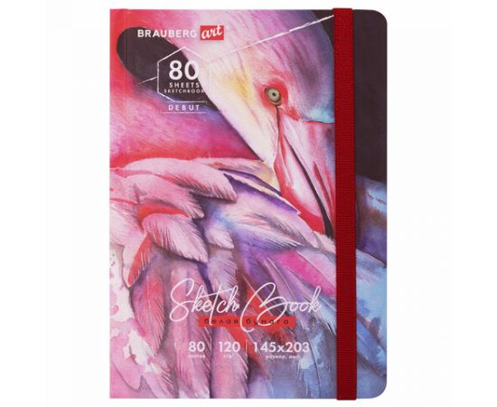 Скетчбук, белая бумага 120г/м 145х203мм, 80л, резинка, твердый, BRAUBERG ART DEBUT, Фламинго, 114584 114584