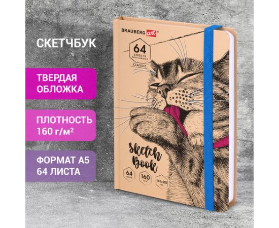 Скетчбук, белая бумага 160г/м 145х203мм, 64л, резинка, твердый, BRAUBERG ART_CL, Это Кот, 114589 114589